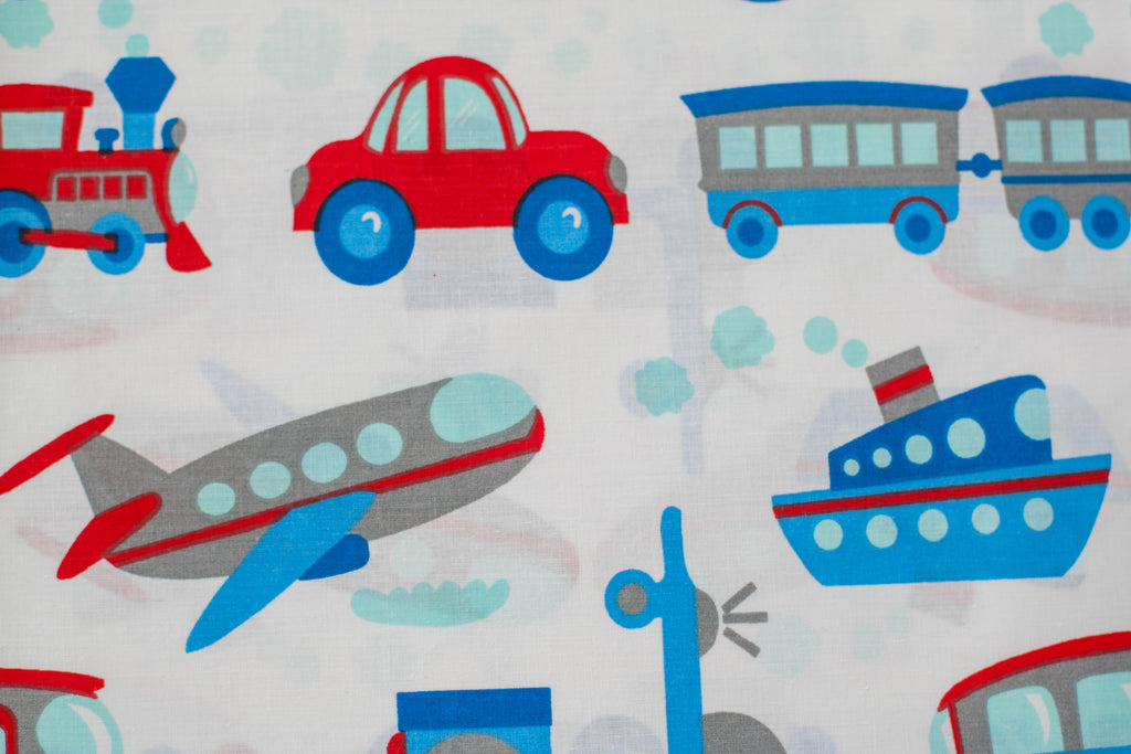 Regular Cotton Fabric - Cars Ships Planes On White