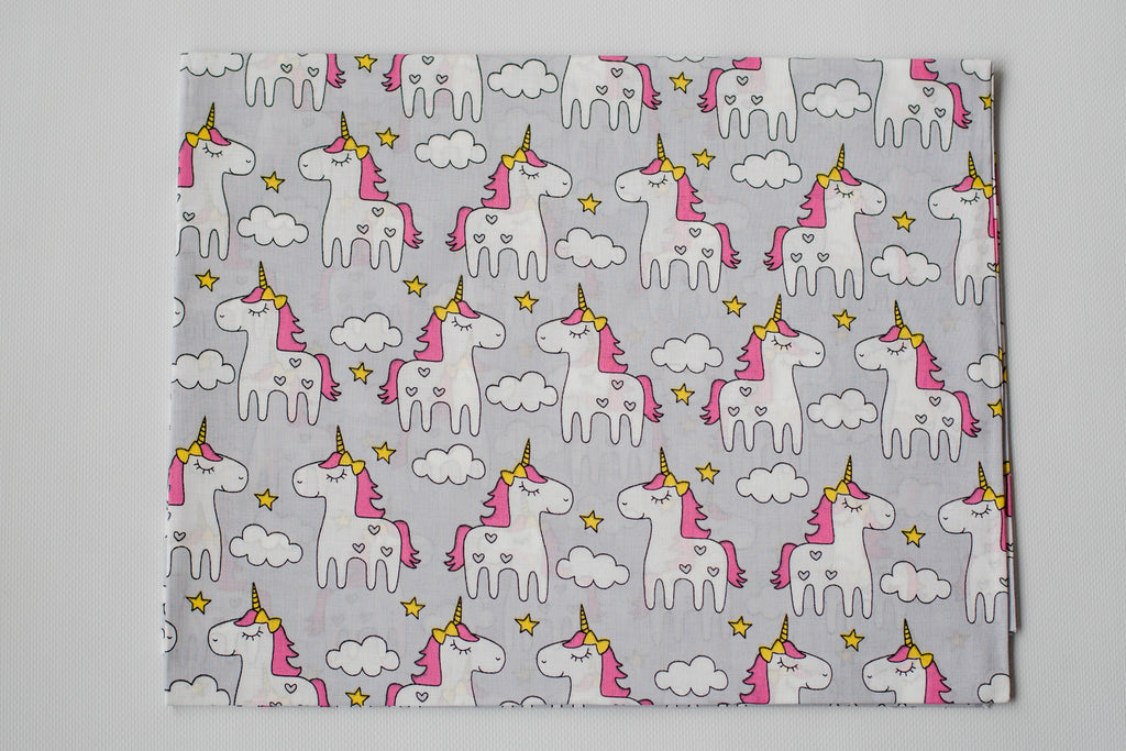Regular Cotton Fabric - White Unicorns On Light Gray