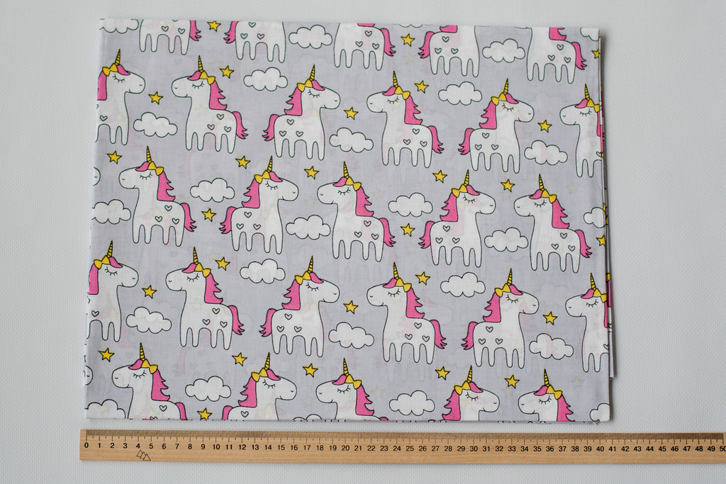 Regular Cotton Fabric - White Unicorns On Light Gray