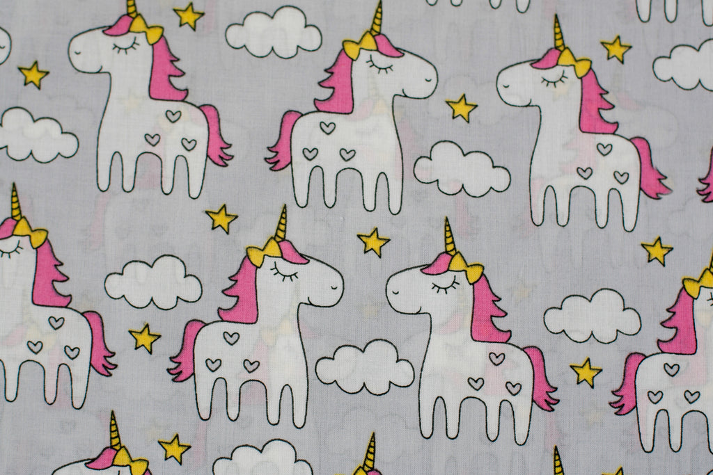 Regular Cotton Fabric - White Unicorns On Light Gray