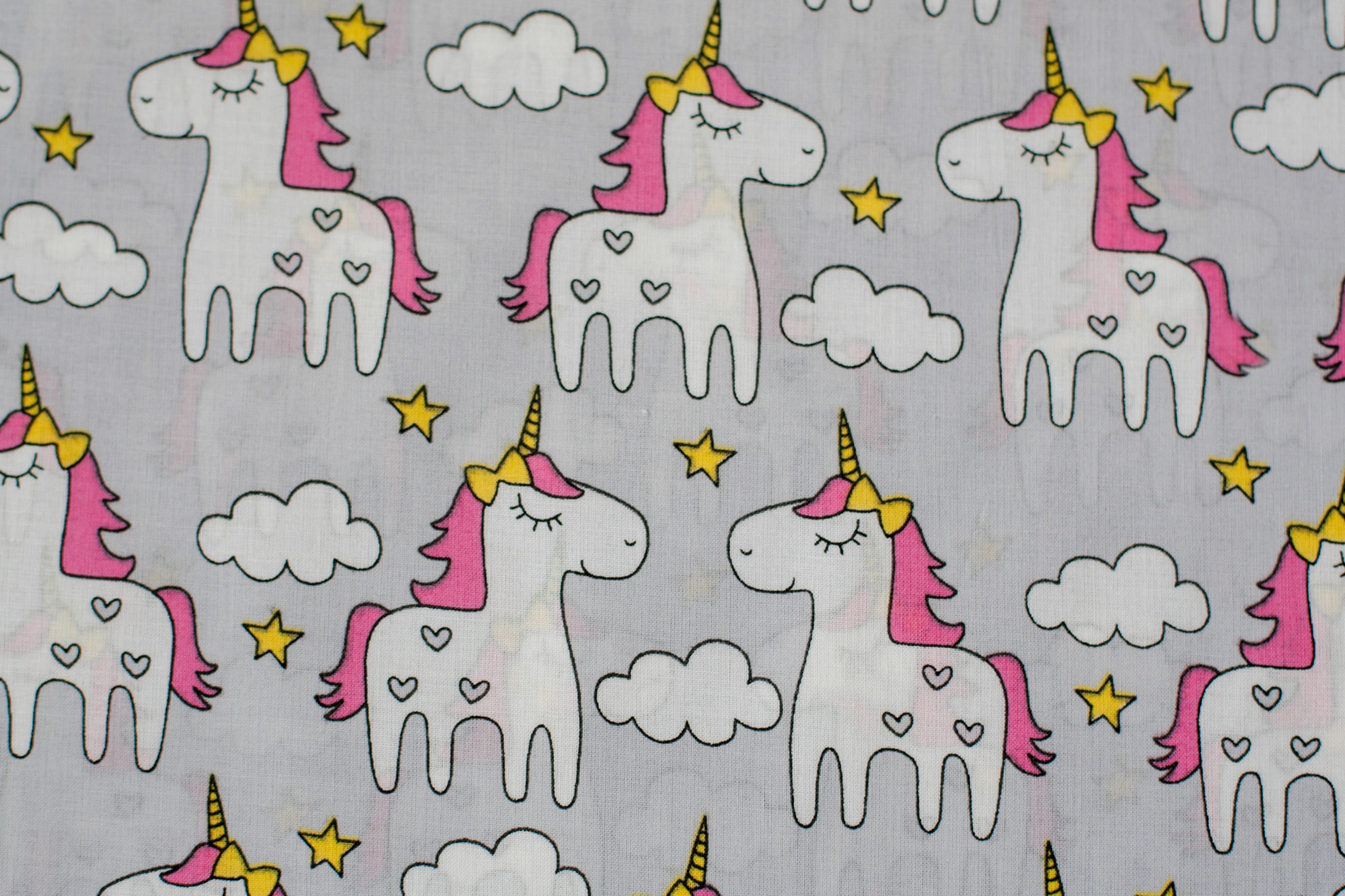 Regular Cotton Fabric - White Unicorns On Light Gray