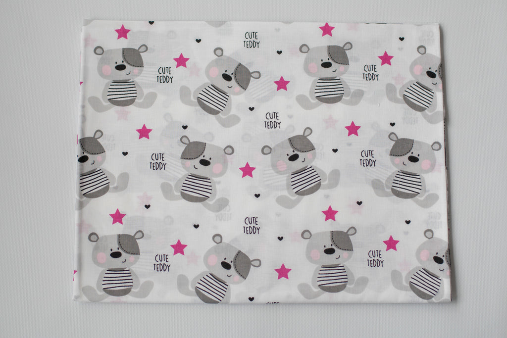 Regular Cotton Fabric - Gray Mice Teddy And Pink Stars On White
