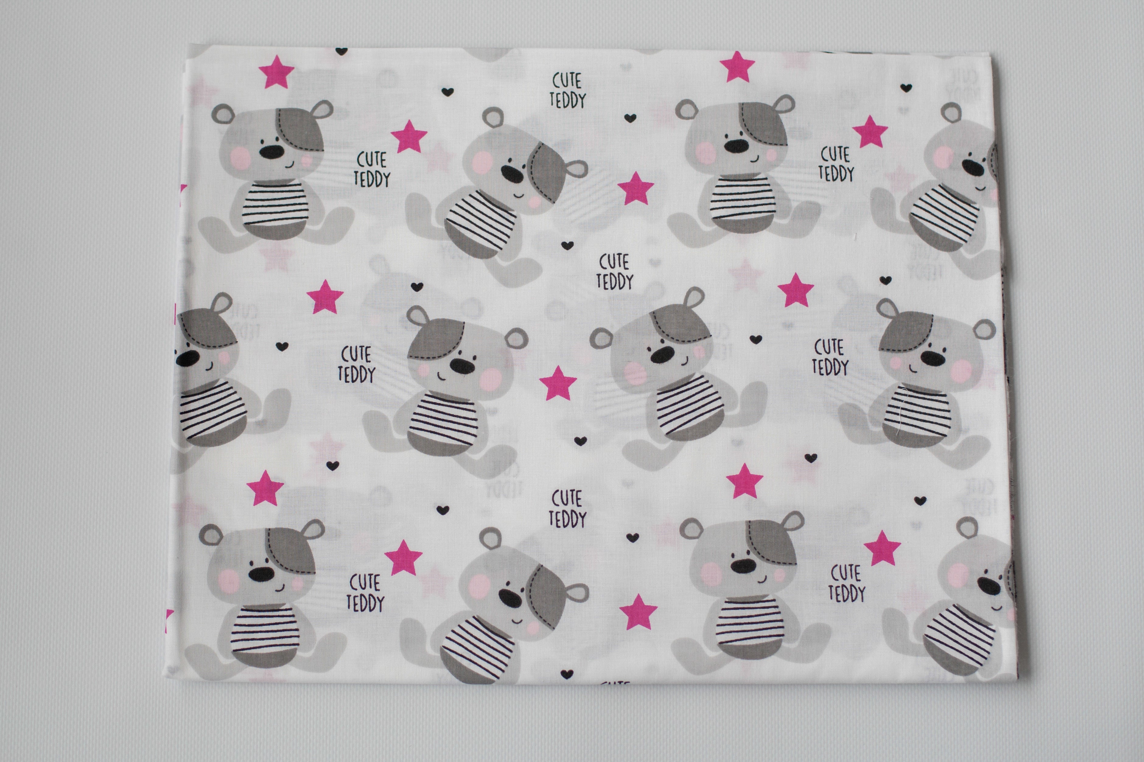 Regular Cotton Fabric - Gray Mice Teddy And Pink Stars On White