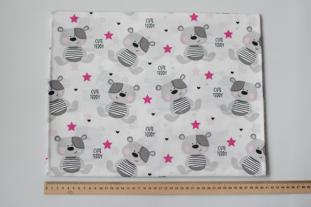Regular Cotton Fabric - Gray Mice Teddy And Pink Stars On White