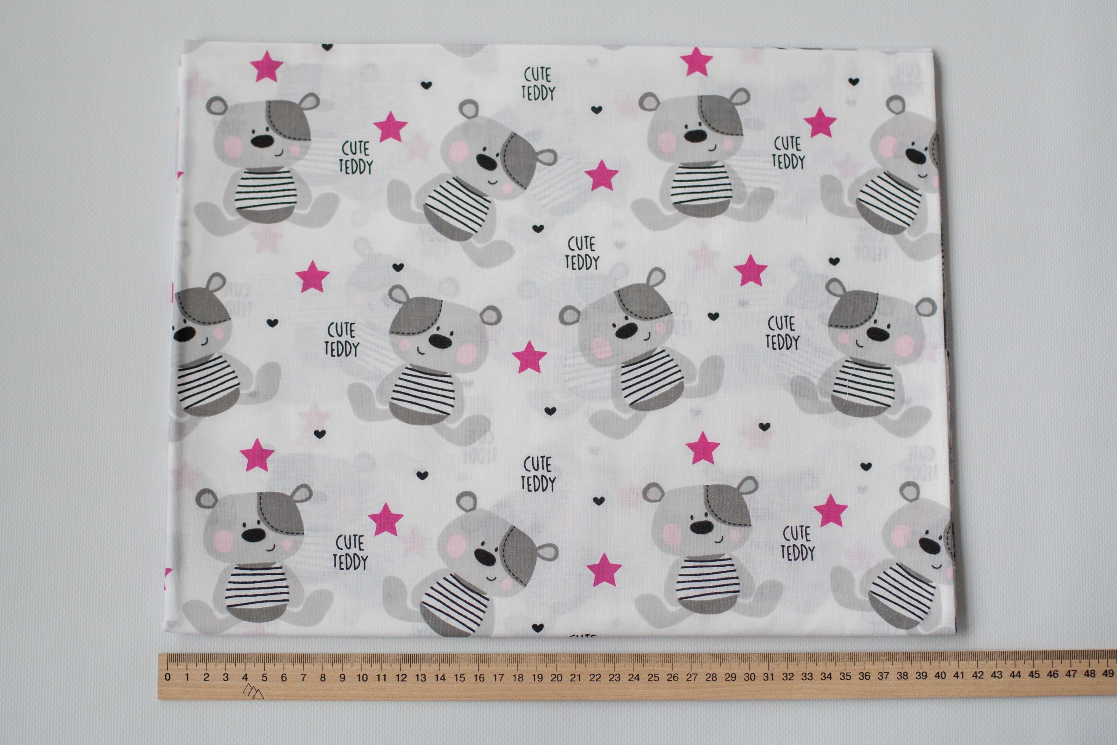 Regular Cotton Fabric - Gray Mice Teddy And Pink Stars On White