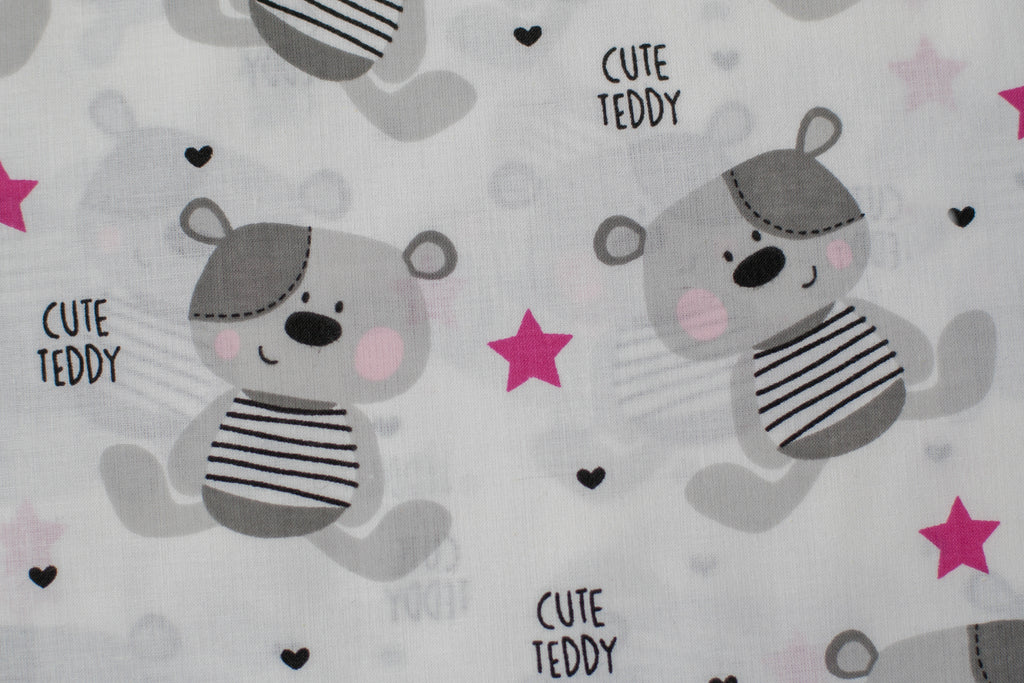 Regular Cotton Fabric - Gray Mice Teddy And Pink Stars On White