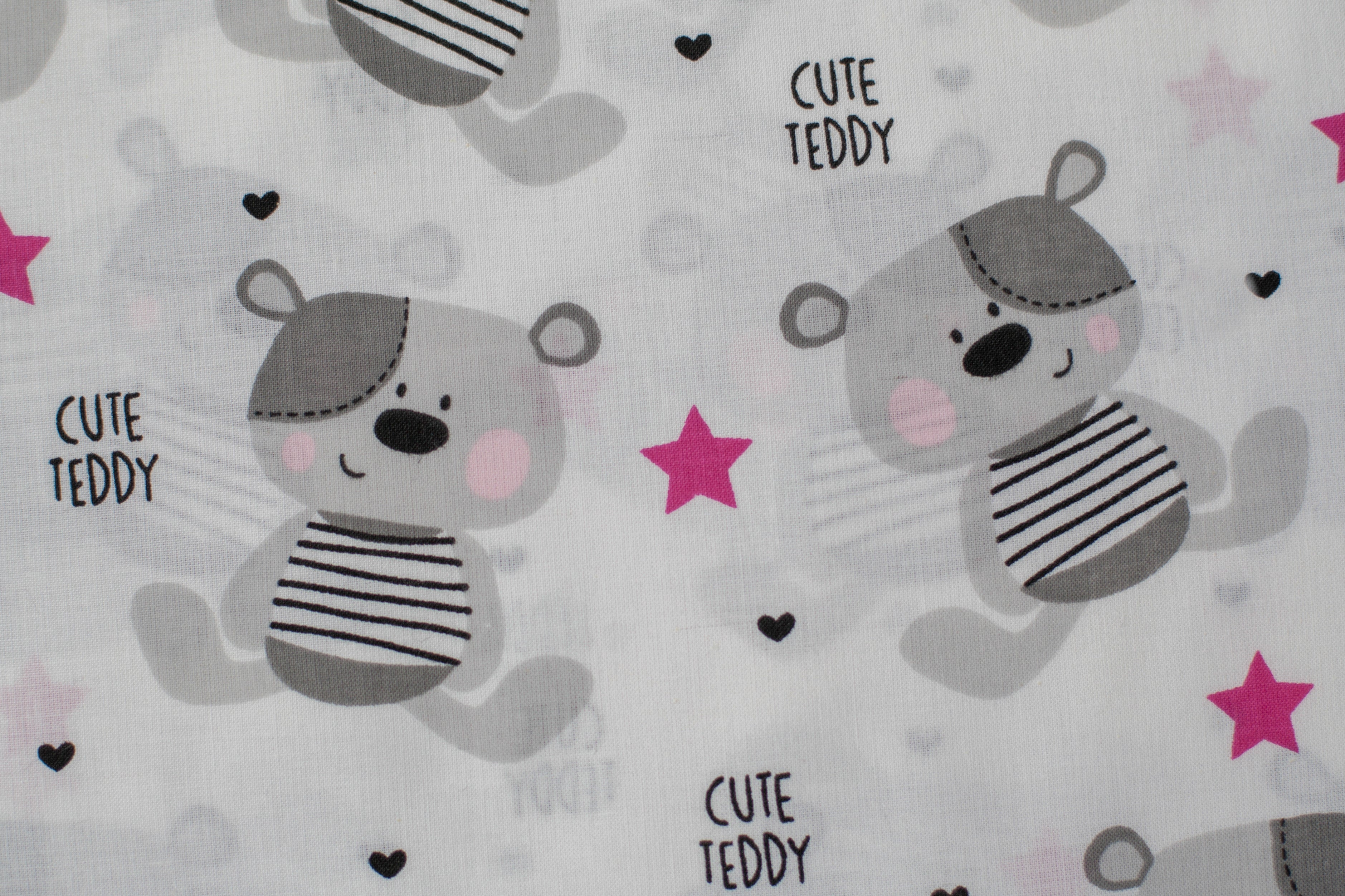 Regular Cotton Fabric - Gray Mice Teddy And Pink Stars On White