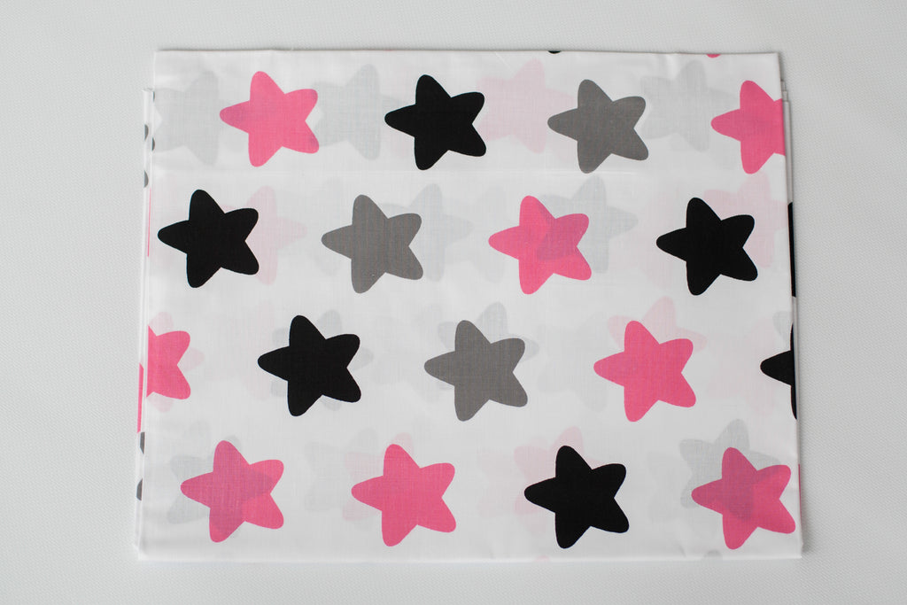 Regular Cotton Fabric - Black Gray And Pink Stars Pryanyky On White