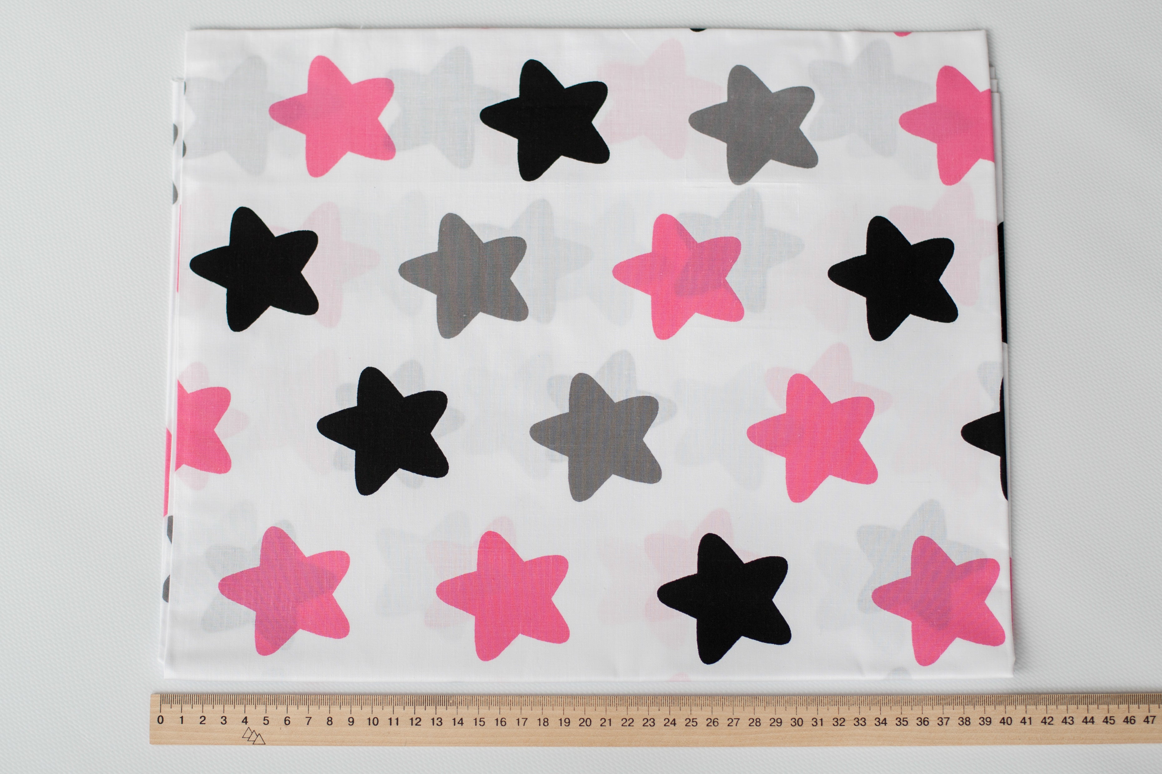 Regular Cotton Fabric - Black Gray And Pink Stars Pryanyky On White