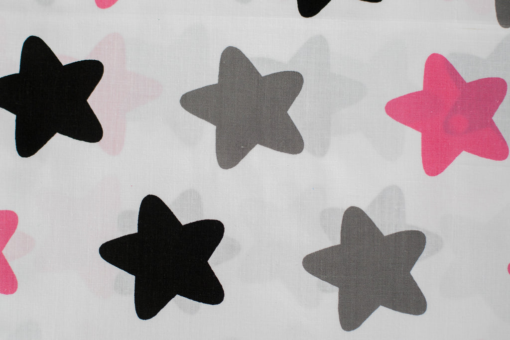 Regular Cotton Fabric - Black Gray And Pink Stars Pryanyky On White