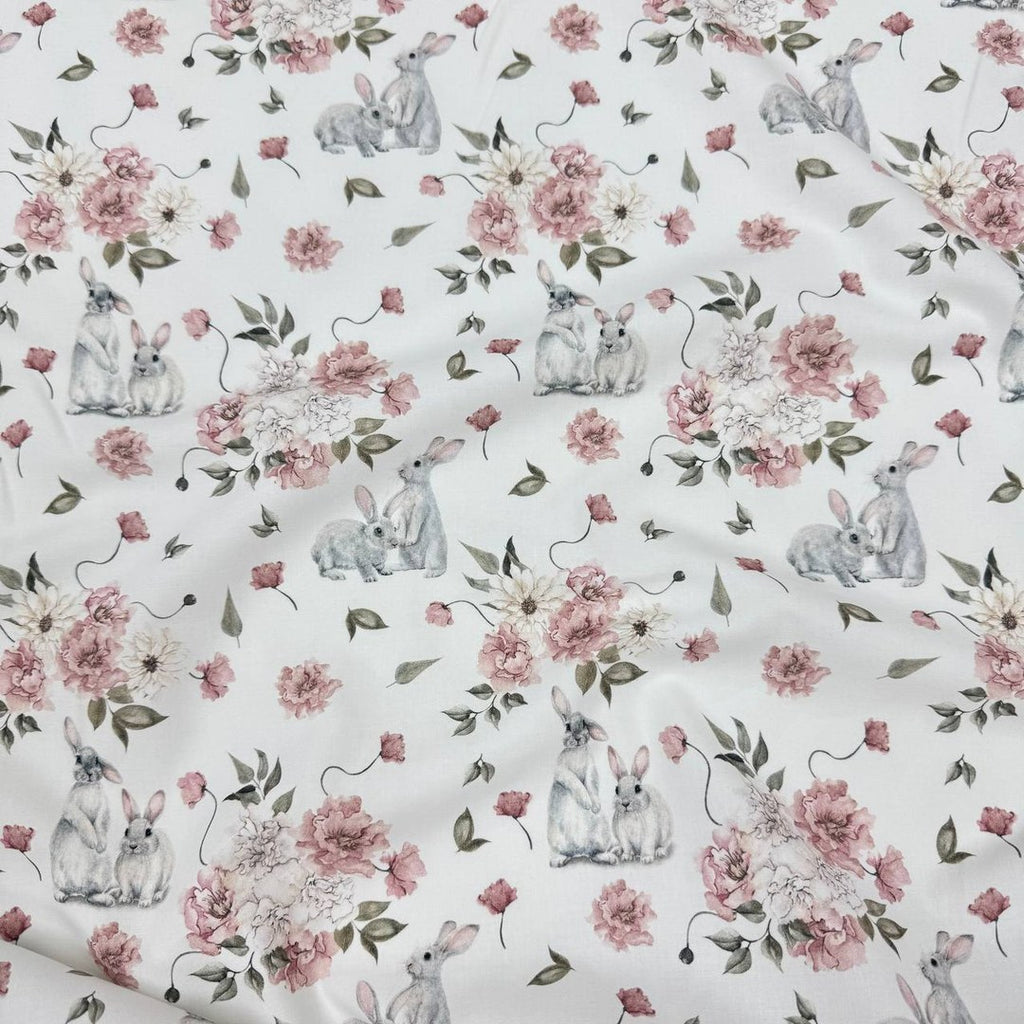 Premium Cotton Fabric - Gray Bunnies in Powder Flowers