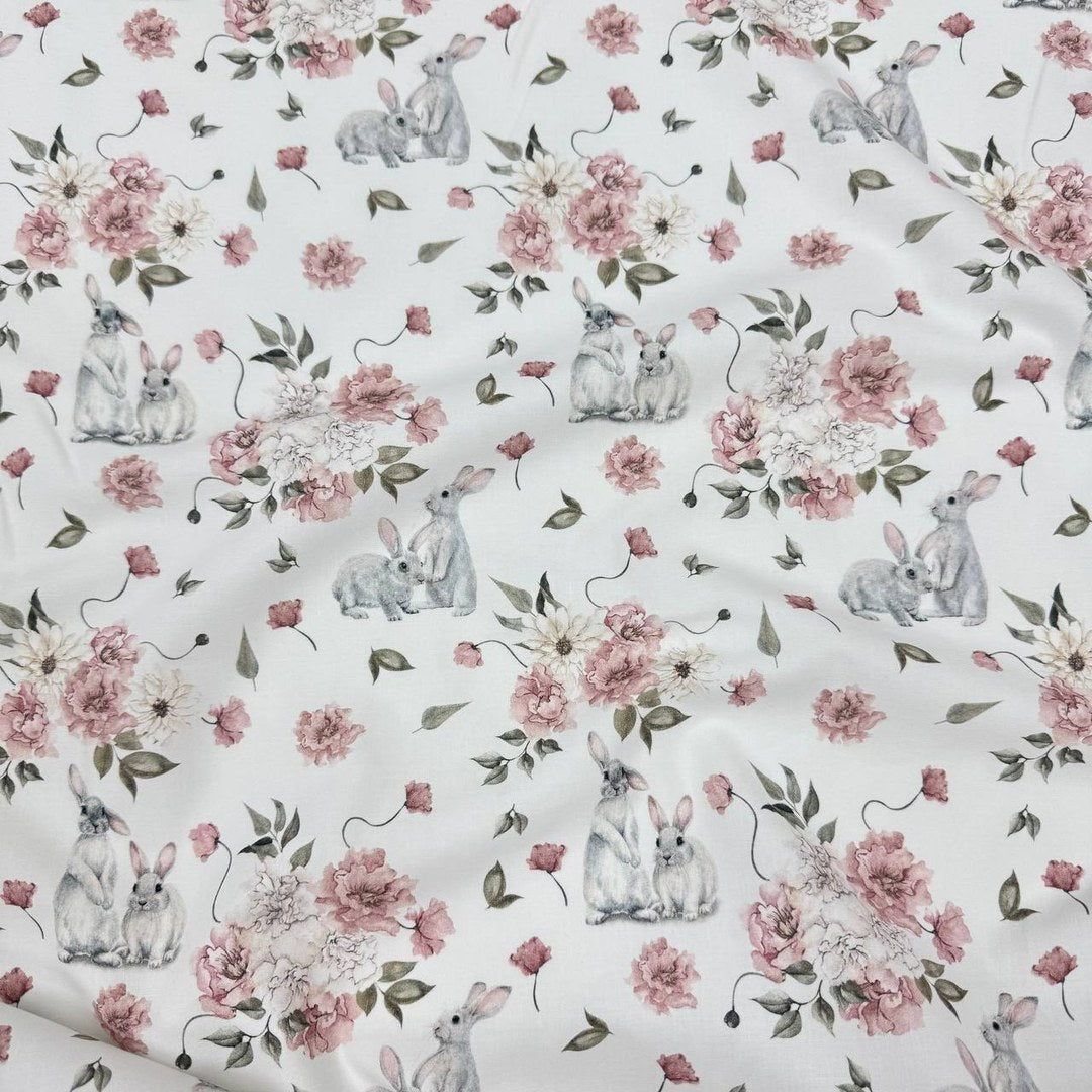 Premium Cotton Fabric - Gray Bunnies in Powder Flowers