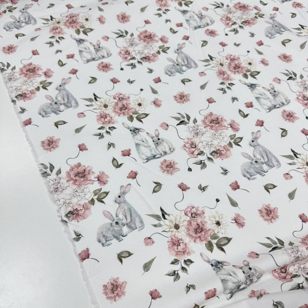 Premium Cotton Fabric - Gray Bunnies in Powder Flowers