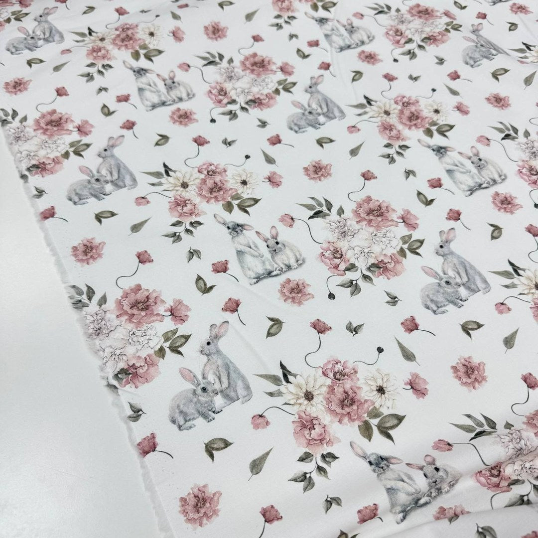 Premium Cotton Fabric - Gray Bunnies in Powder Flowers