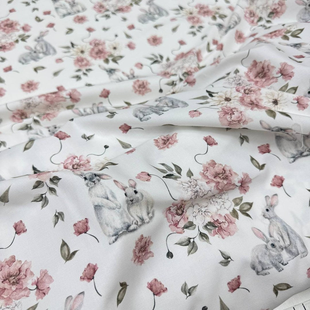Premium Cotton Fabric - Gray Bunnies in Powder Flowers
