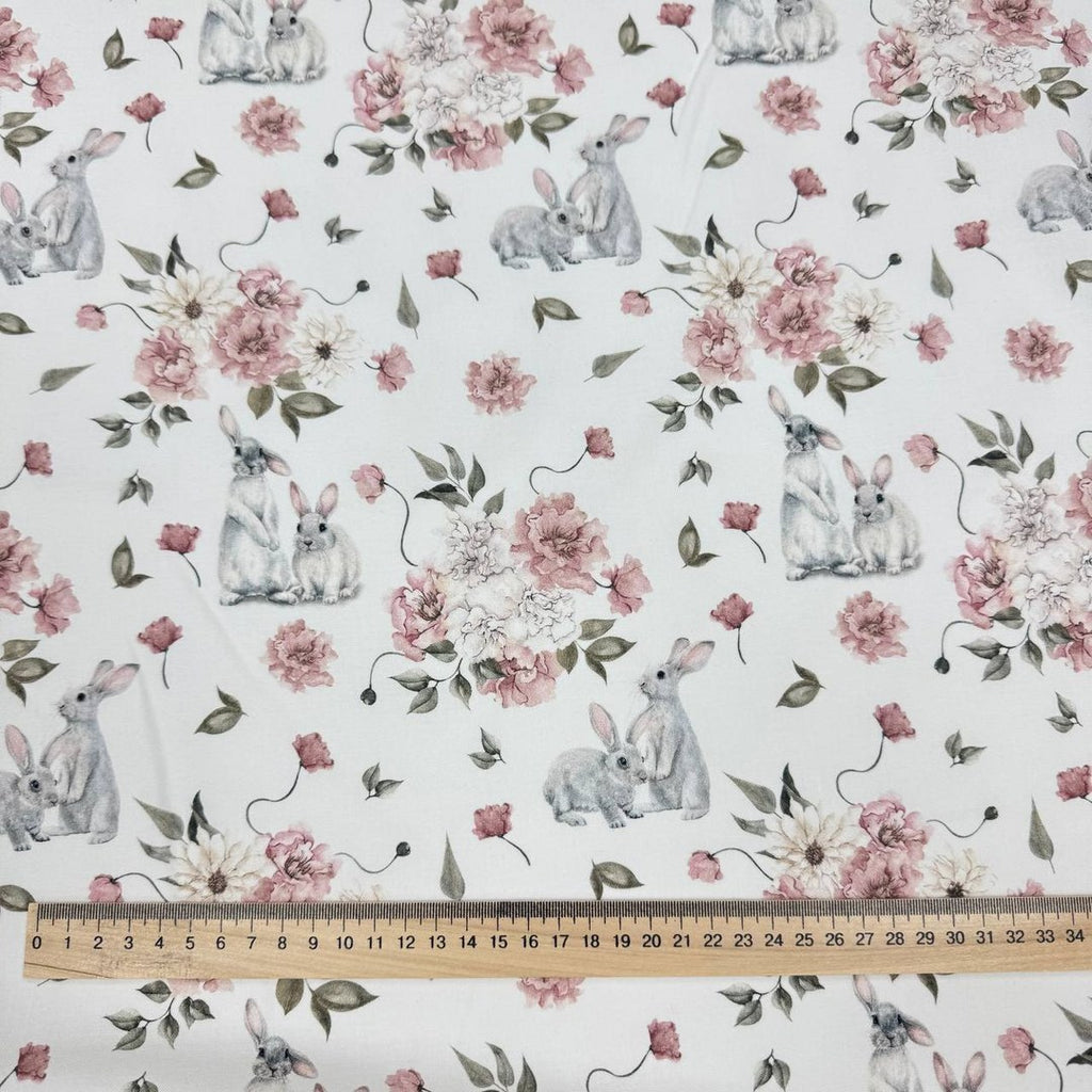 Premium Cotton Fabric - Gray Bunnies in Powder Flowers