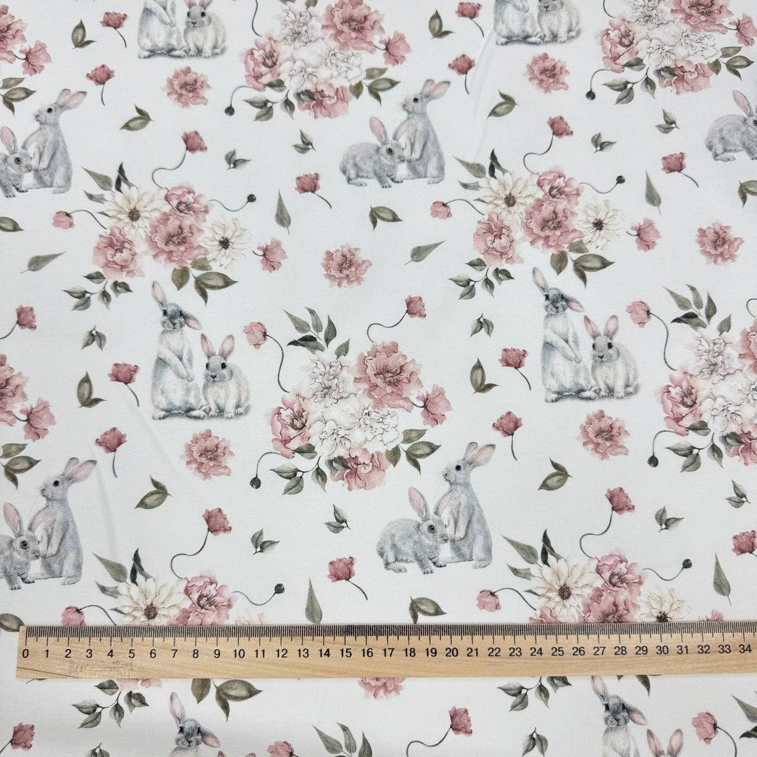 Premium Cotton Fabric - Gray Bunnies in Powder Flowers