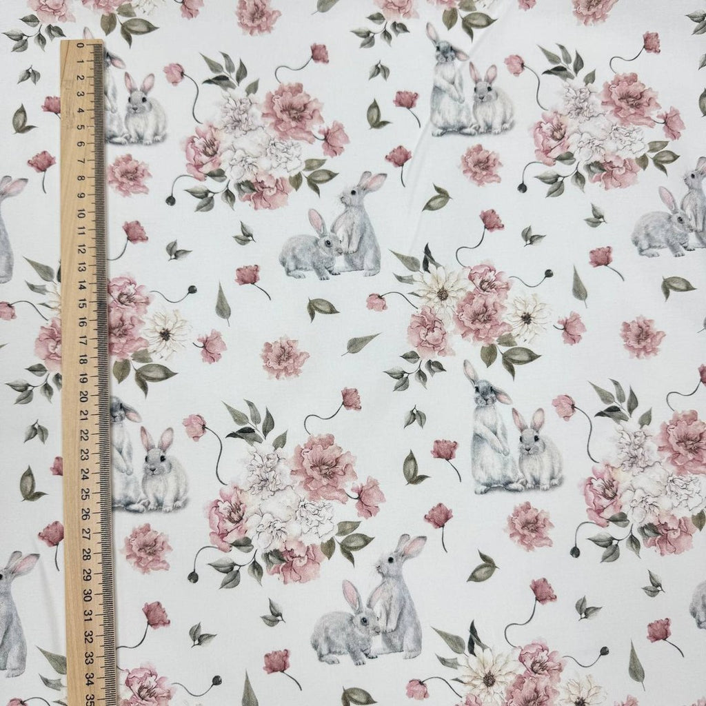 Premium Cotton Fabric - Gray Bunnies in Powder Flowers
