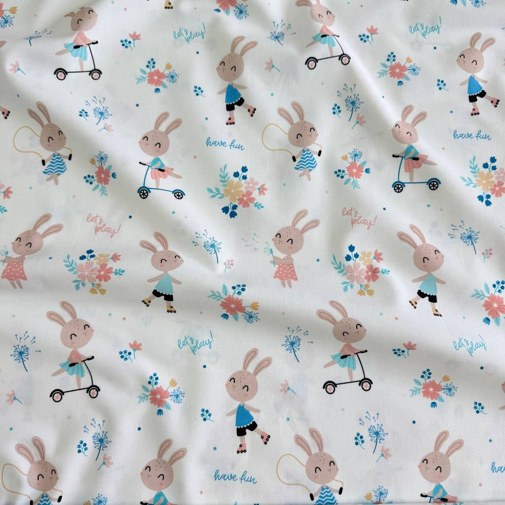 Premium Cotton Fabric - Bunnies on Scooters