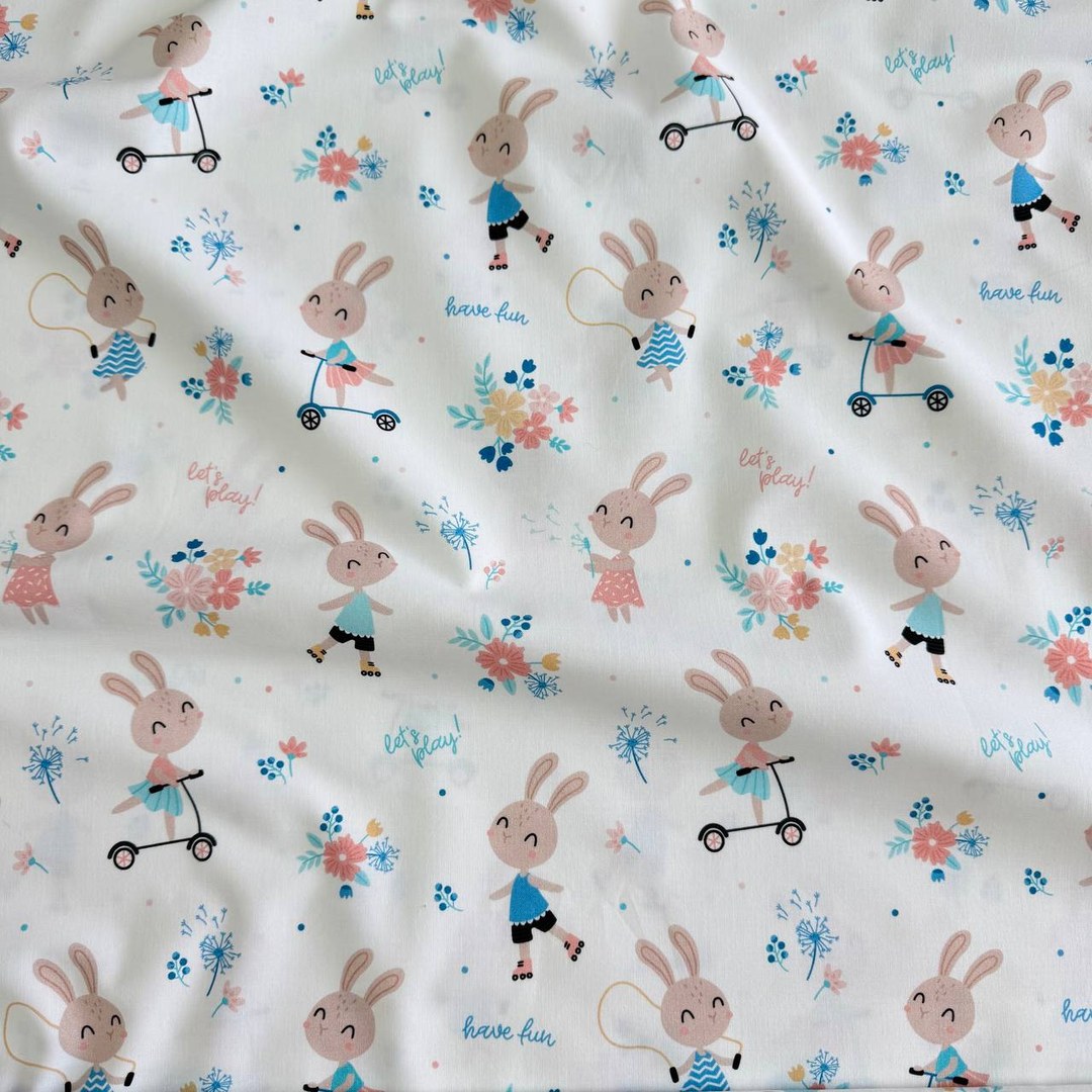 Premium Cotton Fabric - Bunnies on Scooters