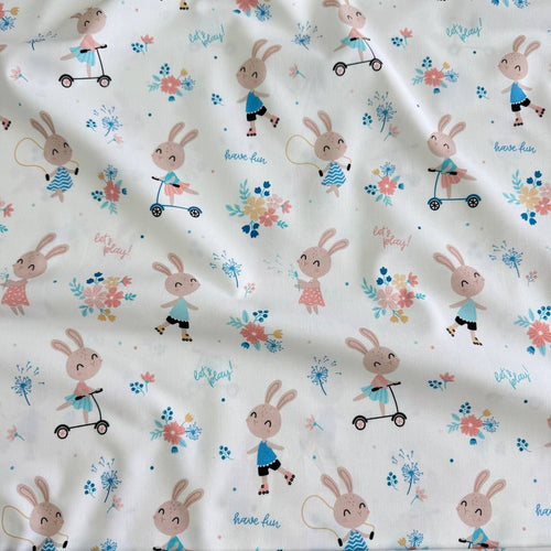 Premium Cotton Fabric - Bunnies on Scooters