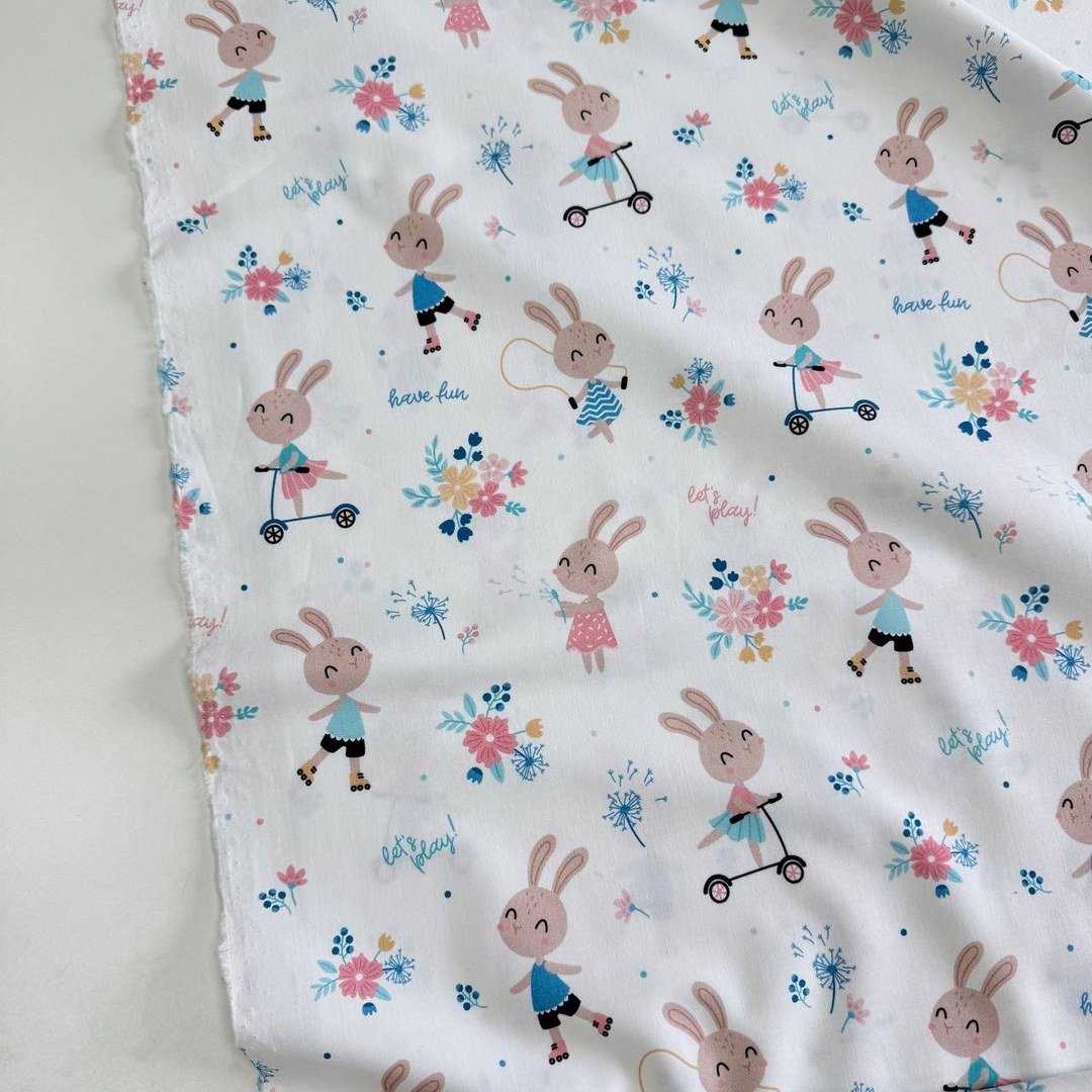 Premium Cotton Fabric - Bunnies on Scooters