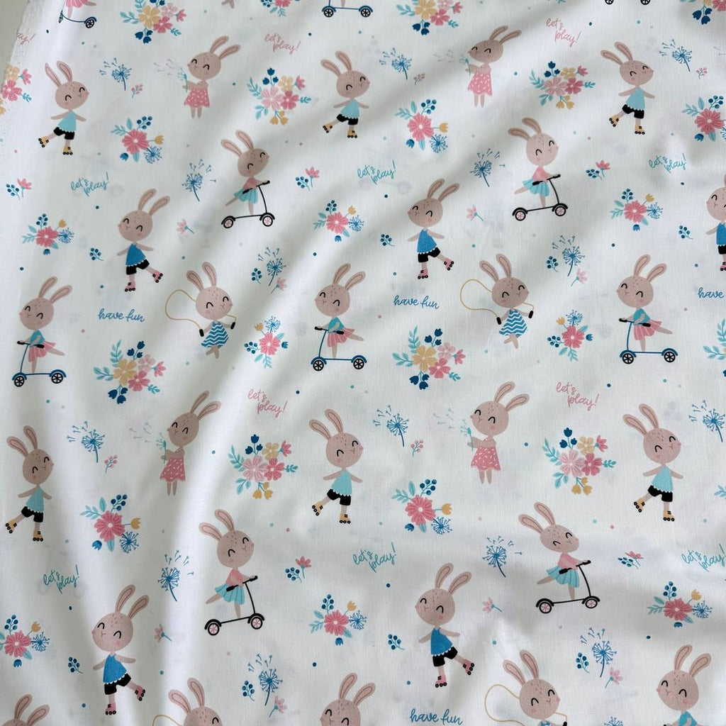 Premium Cotton Fabric - Bunnies on Scooters