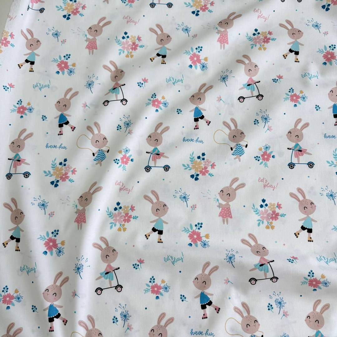 Premium Cotton Fabric - Bunnies on Scooters