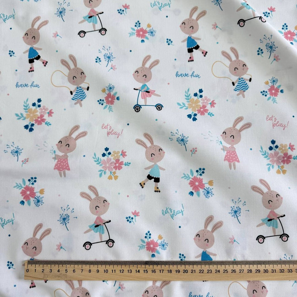 Premium Cotton Fabric - Bunnies on Scooters