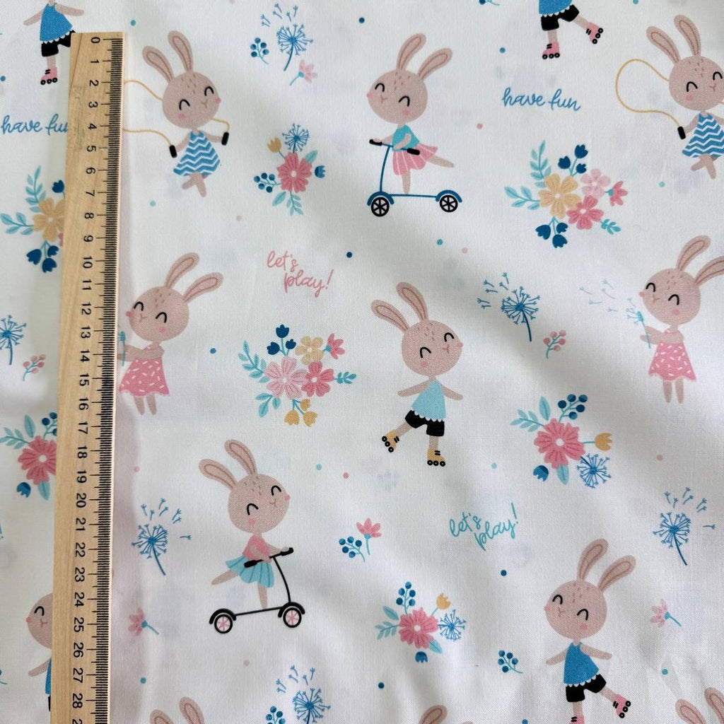 Premium Cotton Fabric - Bunnies on Scooters