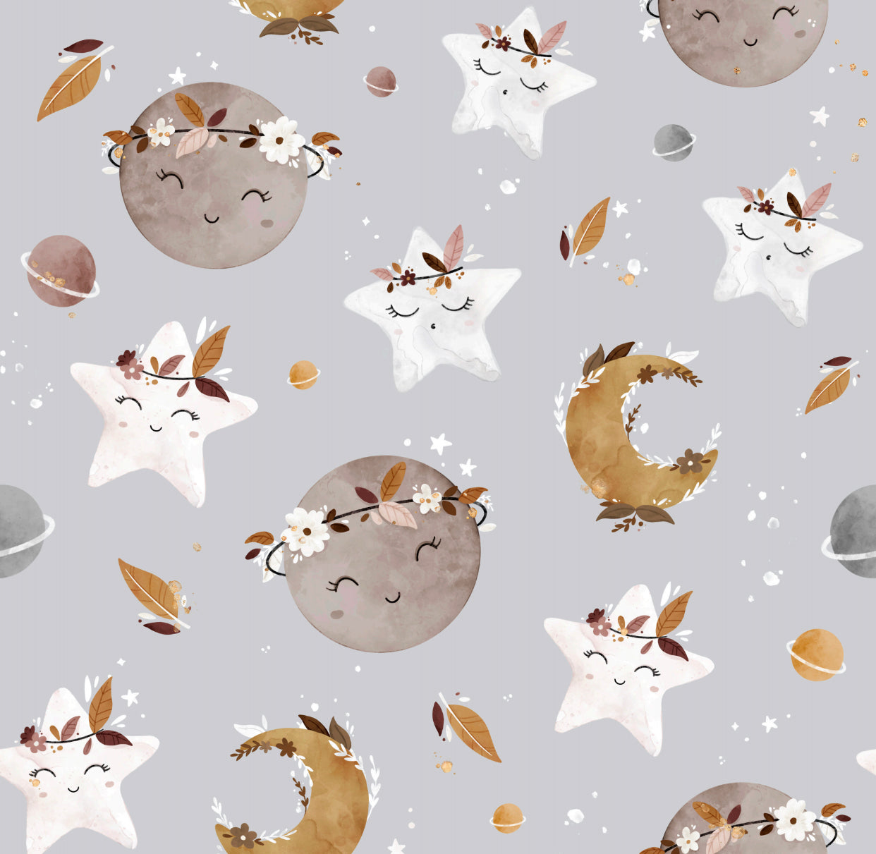 Moon and stars on gray