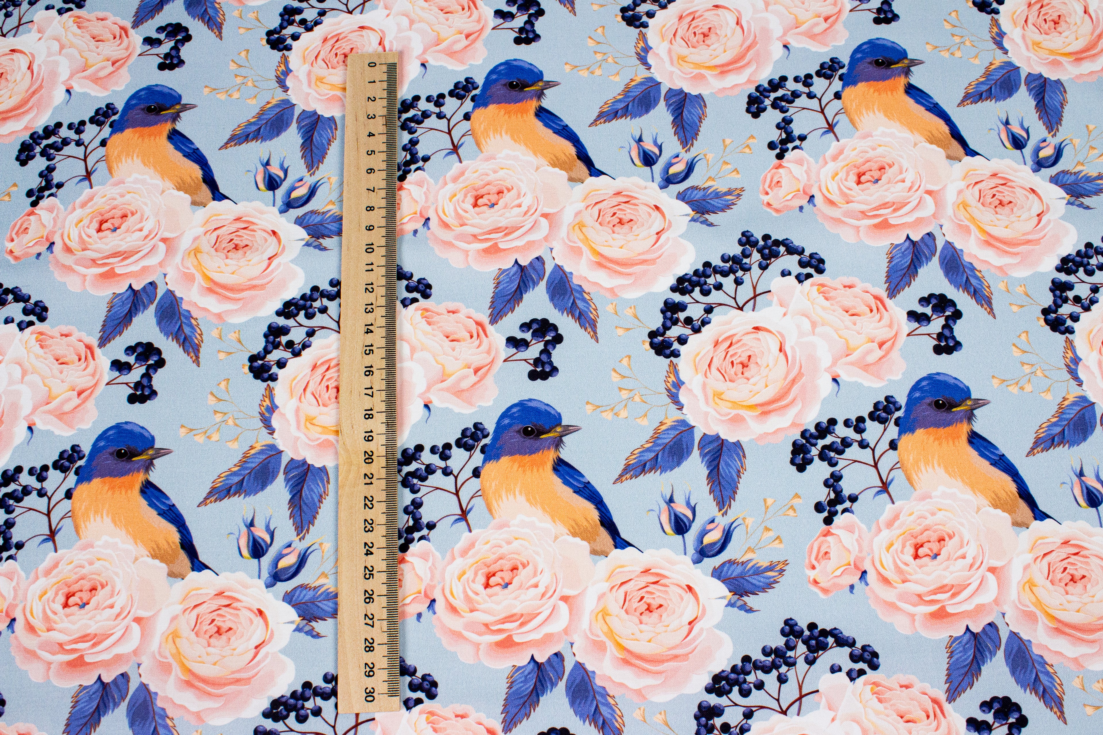 Roses with a bird on blue