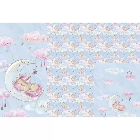 Panel on cocoon envelope and clutches, gloves Unicorn sleeping on the moon
