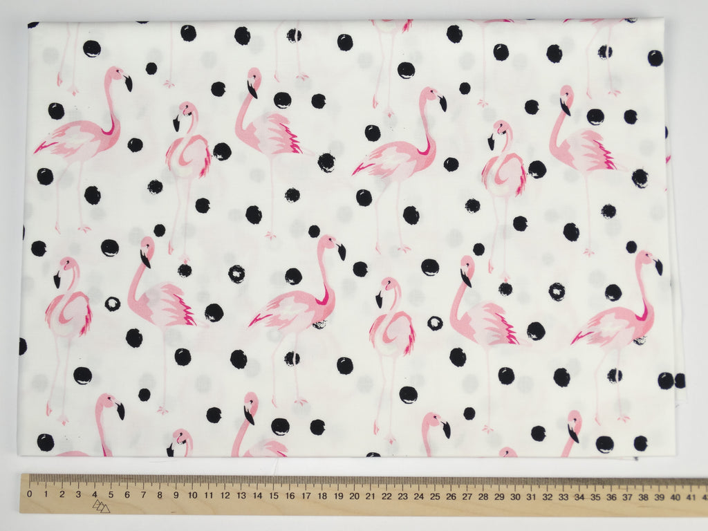 Premium Cotton Fabric - Flamingos with Black Dots