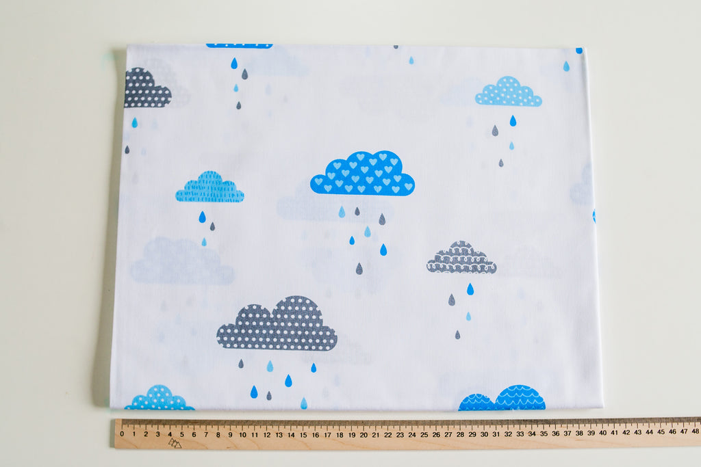 Regular Cotton Fabric - Gray And Blue Clouds With Rain On White