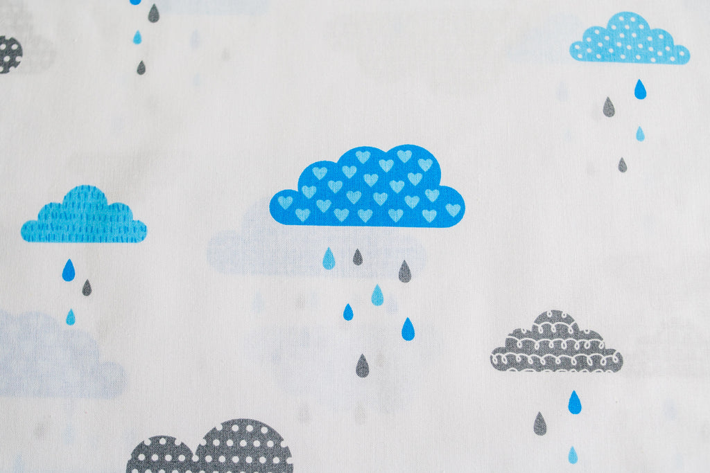 Regular Cotton Fabric - Gray And Blue Clouds With Rain On White