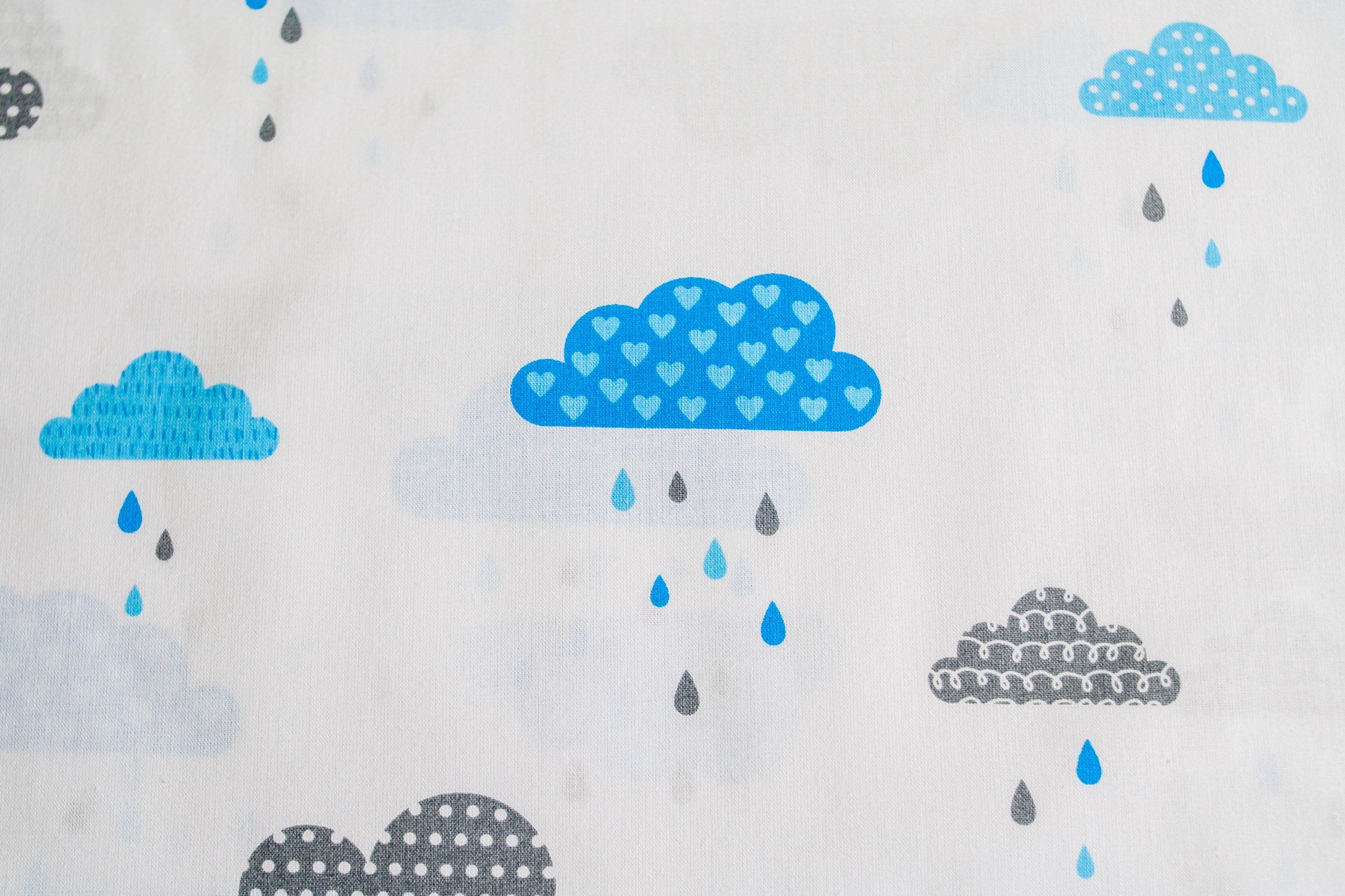 Regular Cotton Fabric - Gray And Blue Clouds With Rain On White