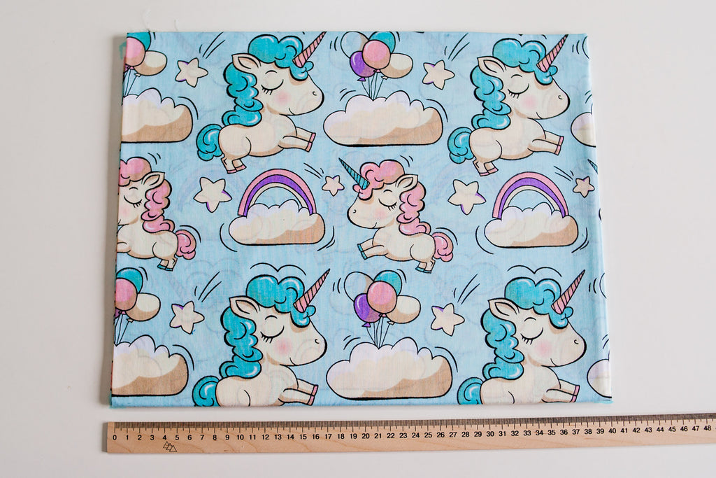 Regular Cotton Fabric - Unicorns With Rainbows On Blue
