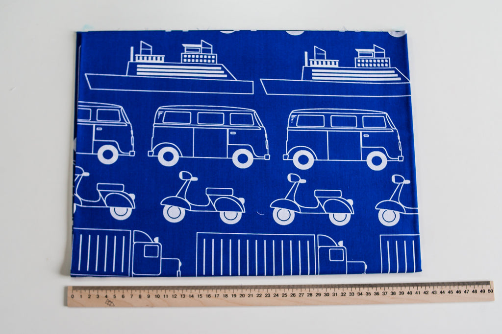 Regular Cotton Fabric - White Cars Ships And Mopeds On Blue