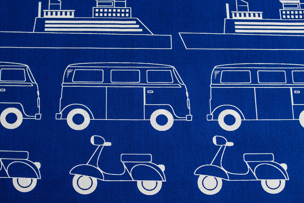 Regular Cotton Fabric - White Cars Ships And Mopeds On Blue