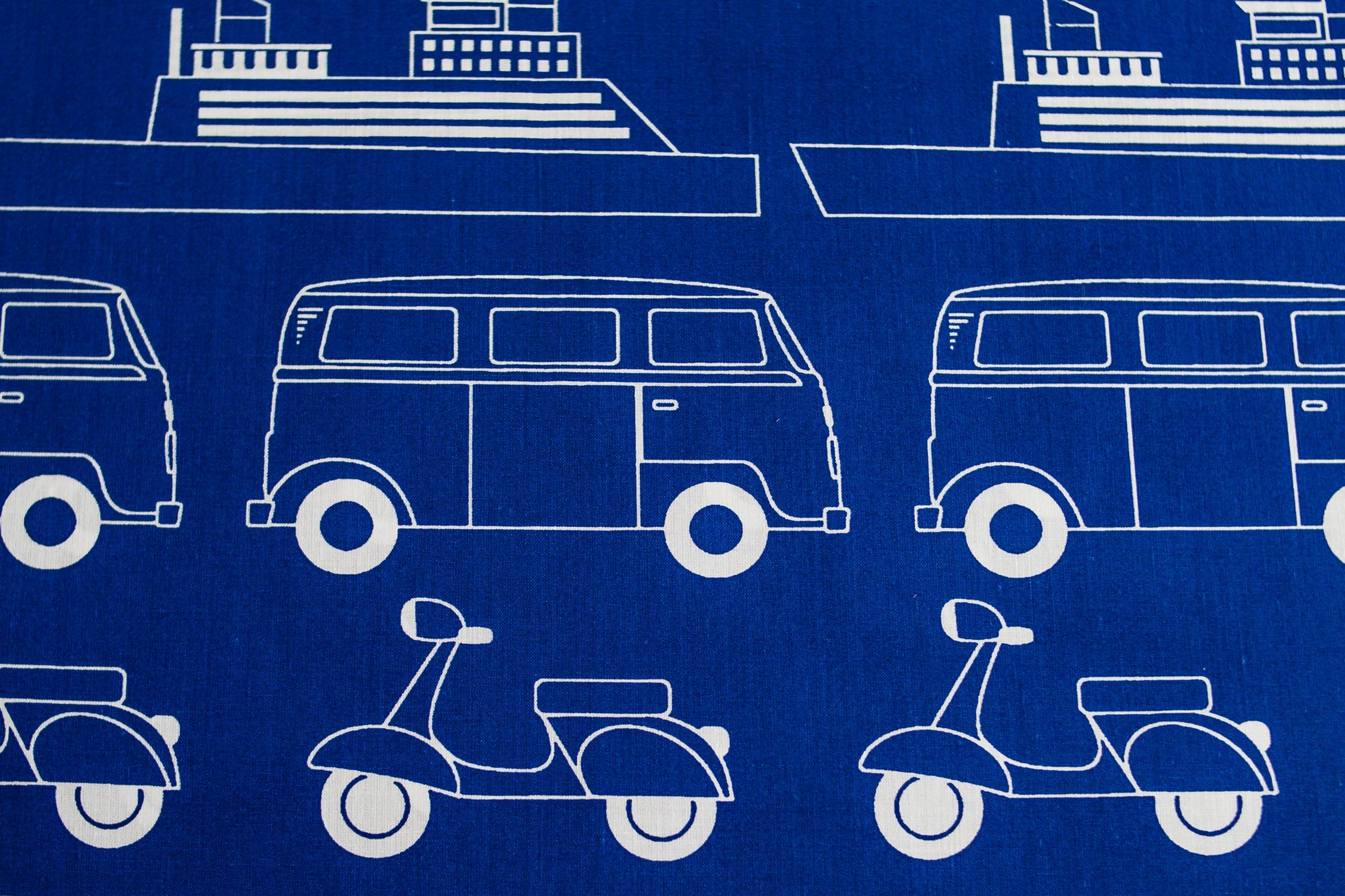 Regular Cotton Fabric - White Cars Ships And Mopeds On Blue