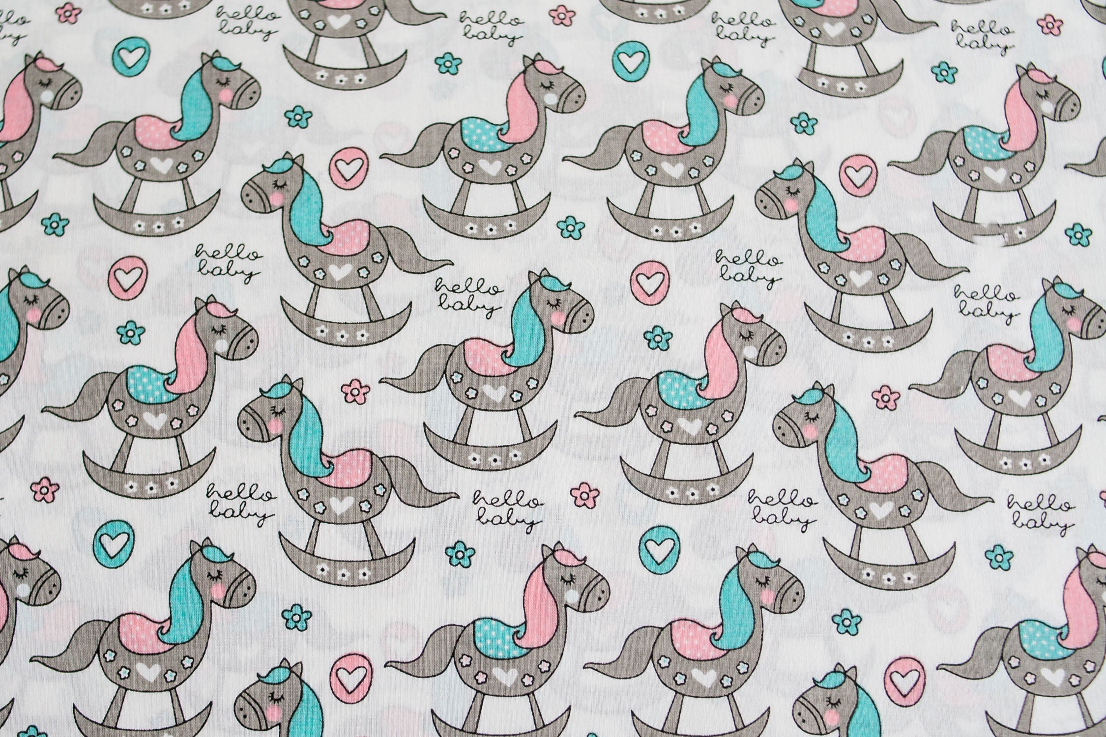 Regular Cotton Fabric - Rozovo Byryuzovye Rocking Horses On White