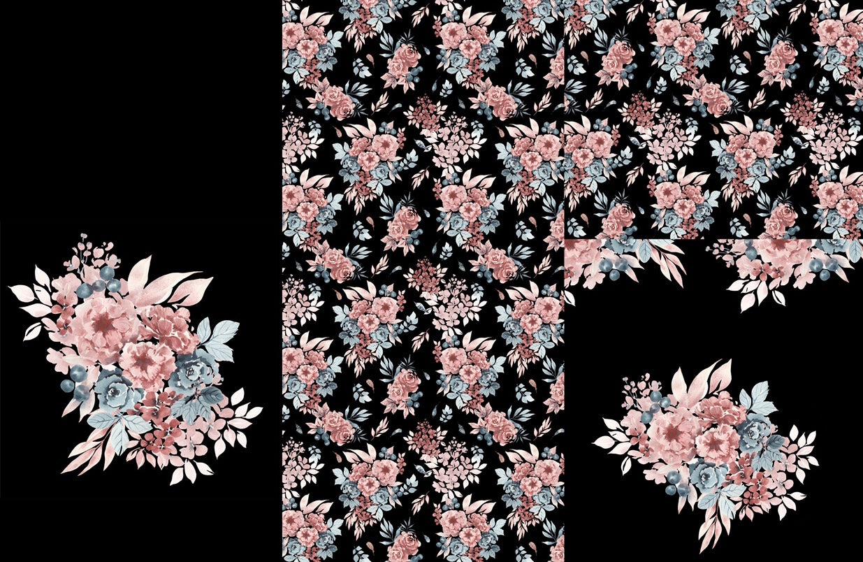 Panel on cocoon envelope and clutches, gloves Flowers on black