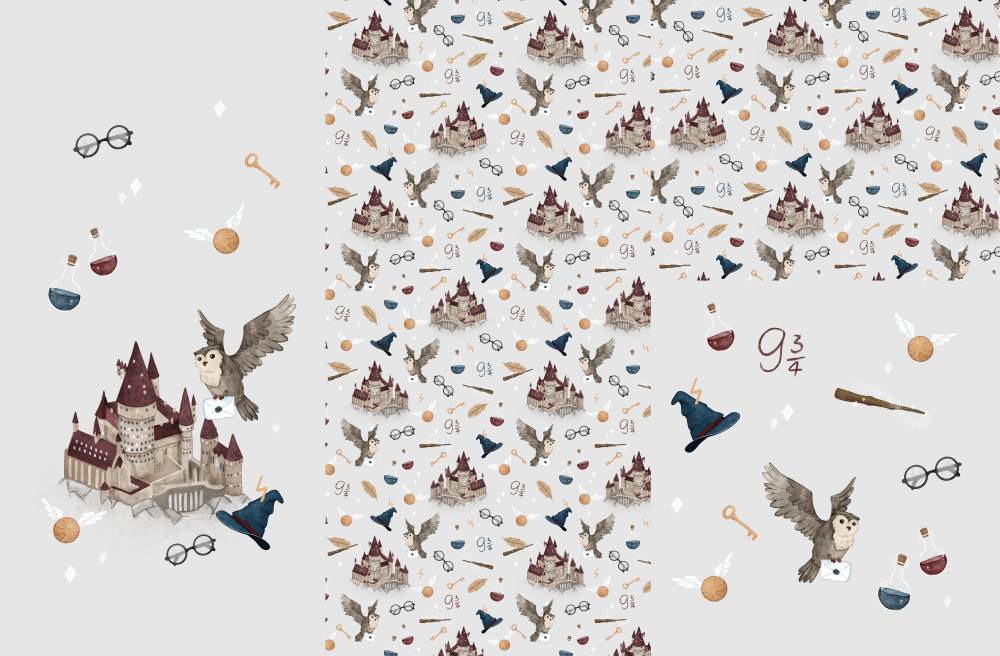 Panel on cocoon envelope and clutches, Harry Potter gloves on gray