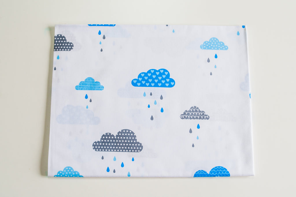 Regular Cotton Fabric - Gray And Blue Clouds With Rain On White