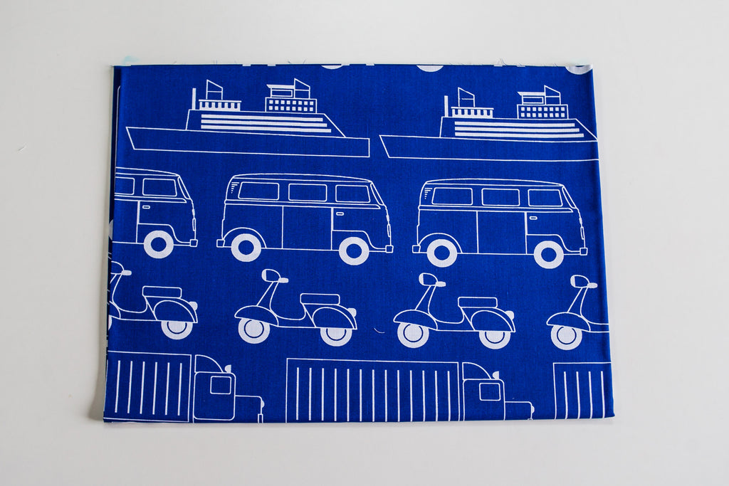 Regular Cotton Fabric - White Cars Ships And Mopeds On Blue