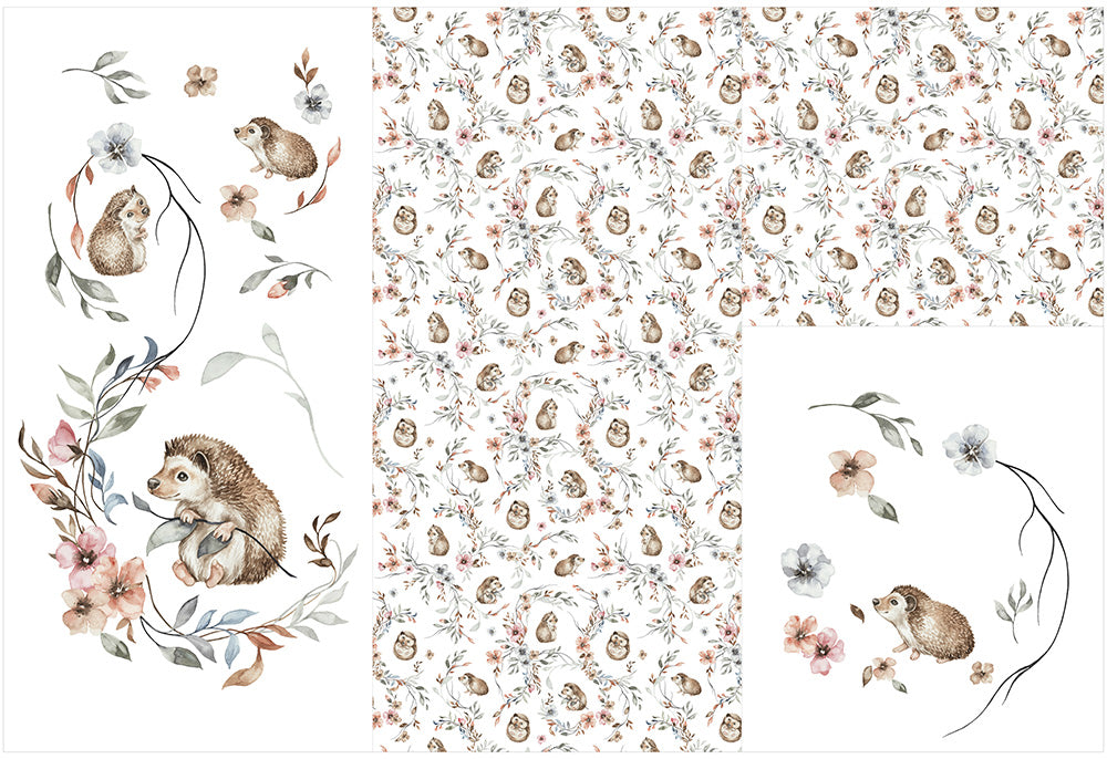 Panel on cocoon envelope and clutches, gloves Hedgehog in flowers