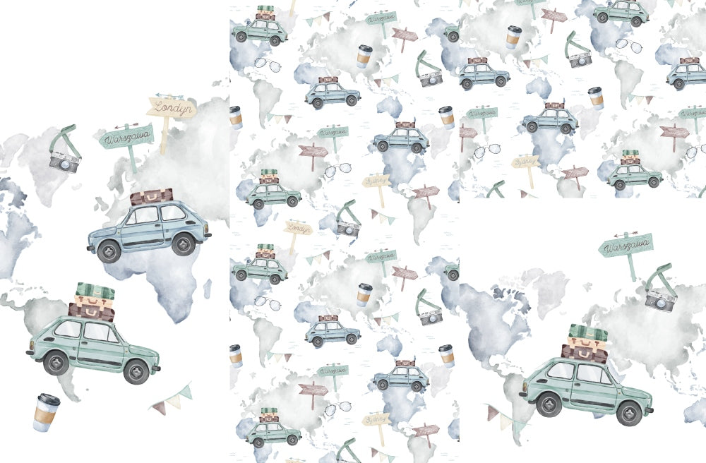 Panel on cocoon envelope and clutches, gloves Car on map on white