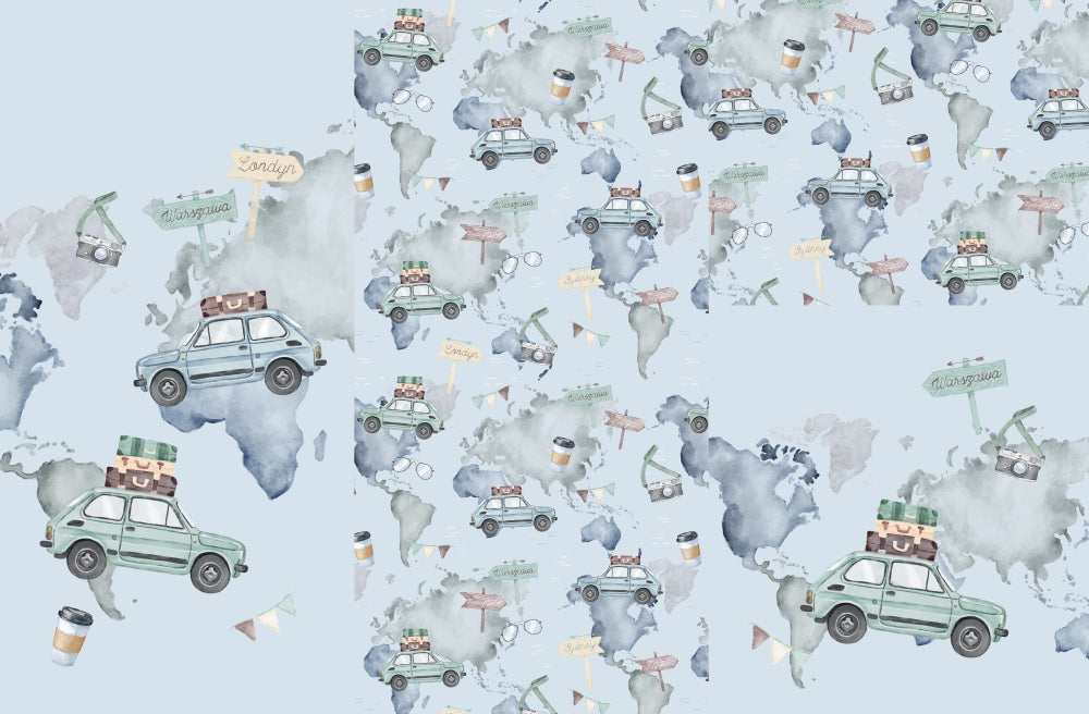 Panel on cocoon envelope and clutches, gloves Car on map on blue