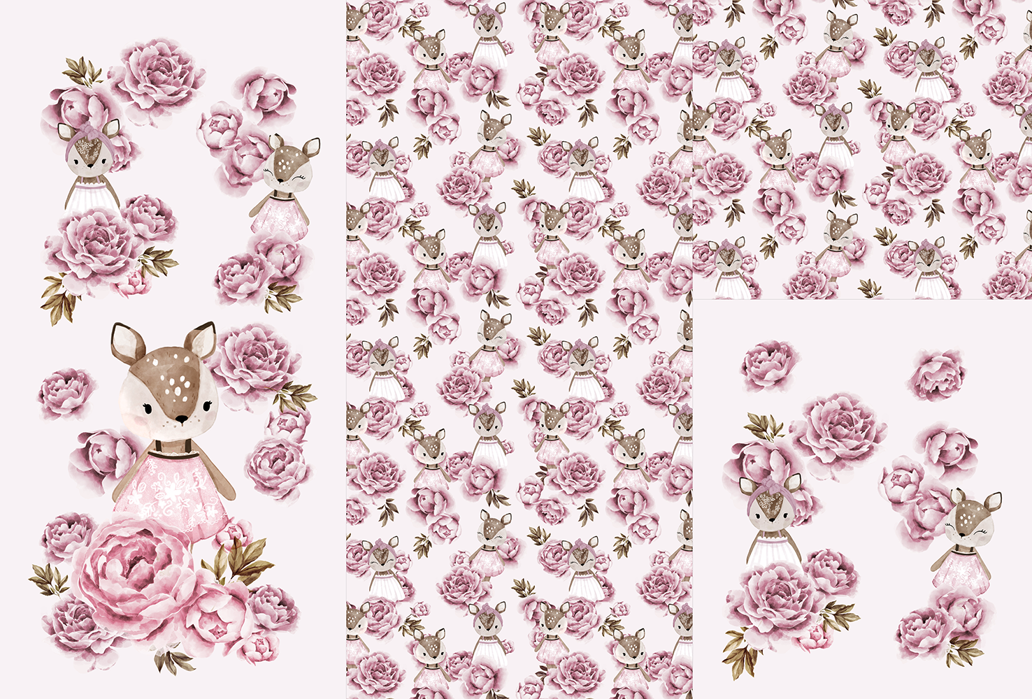 Panel on cocoon envelope and clutches, gloves Deer in peonies